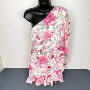 Express Dress Women M Pink Floral One Shoulder Metallic Pleated Ruffle Mini New